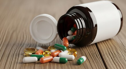 A brown medicine bottle with white label and pills spilled on a wooden table surface close up view