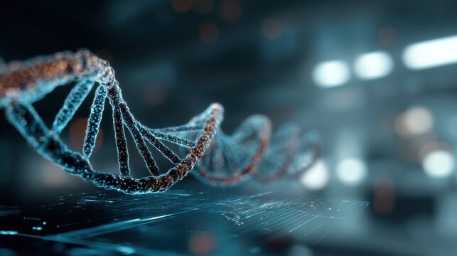 Focused image of DNA strands being manipulated on a holographic interface with a blurred laboratory setting behind conveying the complexity of advanced gene therapy techniques.
