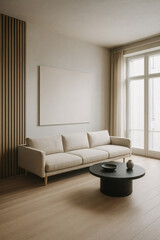 wall mockup Minimalist living room with beige sofa, round black coffee table, and natural sunlight through tall windows