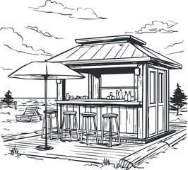 Black and white sketch of a beach bar hut with stools and an umbrella on a wooden deck by the ocean shore