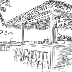 Hand drawn sketch of a tropical beach bar with wooden stools and a thatched roof, perfect for vacation relaxation.