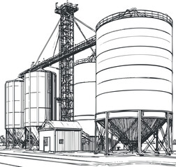 Black and white sketch of large agricultural silos and grain storage tanks with supporting structures and small building © vadymstock