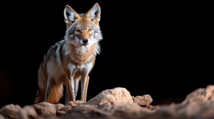 Coyote portrait against a stark black backdrop exhibiting the animal's beauty and wild nature focus on wildlife and nature