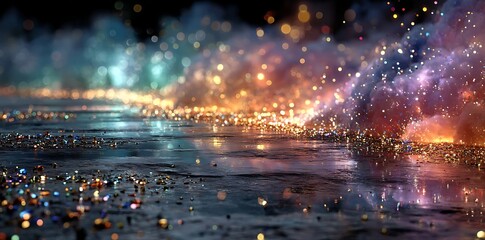 Fototapeta premium Vibrant bokeh lights sparkle on wet surface at night