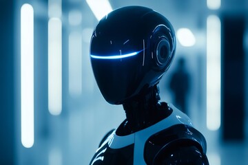 Futuristic humanoid robot with glowing blue eyes looking ahead in a modern, high tech environment