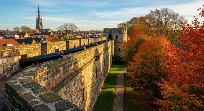 Photo of a historic stone rampart with cannons overlooks a town with a church spire in the distance, framed by vibrant autumn trees, showcasing historical architecture and seasonal beauty - Powered by Adobe
