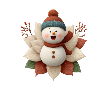 Cheerful snowman with blue hat and red scarf sits on white and red poinsettia flower, surrounded by festive berries, creating joyful winter holiday decoration clipart - Powered by Adobe