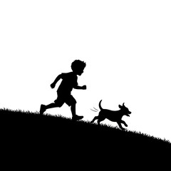 Boy and dog running silhouette isolated on white background