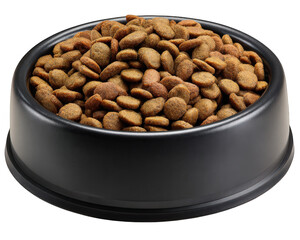 Dog food dry kibble pet meal black bowl healthy nutrition crunchy texture animal care isolated closeup realistic photo