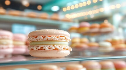 Delicate pink macaron close-up on a glass shelf showcasing french pastry excellence and culinary artistry