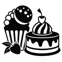 Black and White Vector Delicious Cartoon Desserts Collection Featuring Cupcakes and Fruit 