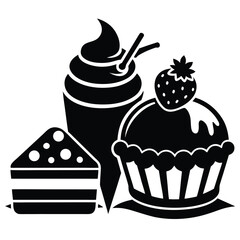 Black and White Vector Delicious Cartoon Desserts Collection Featuring Cupcakes and Fruit 