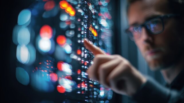 Focused medium shot of a secure server accessing redaction pipeline records with technician adjusting controls in soft blur behind reflecting intense data protection.