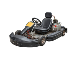 Black go kart racing vehicle with modern design, photorealistic style, exposed engine, and low profile tires, isolated on transparency background, evoking excitement and speed