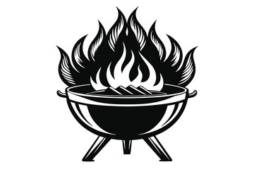 Monochrome Illustration of a Charcoal Grill with Flames for Outdoor Cooking and Summer Gatherings or Barbecue Events