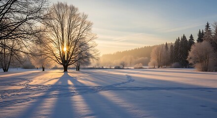 Winter sunrise with snowy field, and trees.