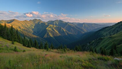 Lush mountain valley unfolds at sunset, showcasing a breathtaking vista of rolling hills and deep green forests.