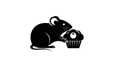 Simple black silhouette of a cute mouse holding a cupcake.
