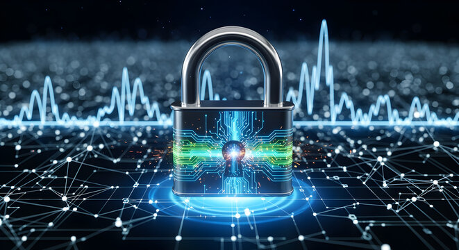Futuristic Digital Padlock Securing Global Data Network with Abstract Waveforms and Circuitry - Cybersecurity Concept