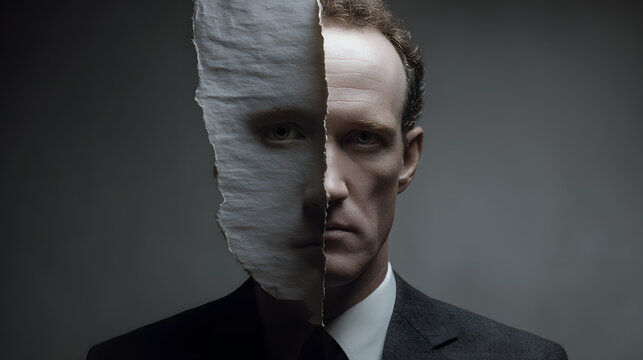 Businessman placing artificial face over real face smbolizing deepfake identit manipulation multiple peronality and digital decepton concept