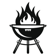 Monochrome Illustration of a Classic Charcoal Grill with Lid Open, Smoke Rising from the Coals, Ready for a Barbecue
