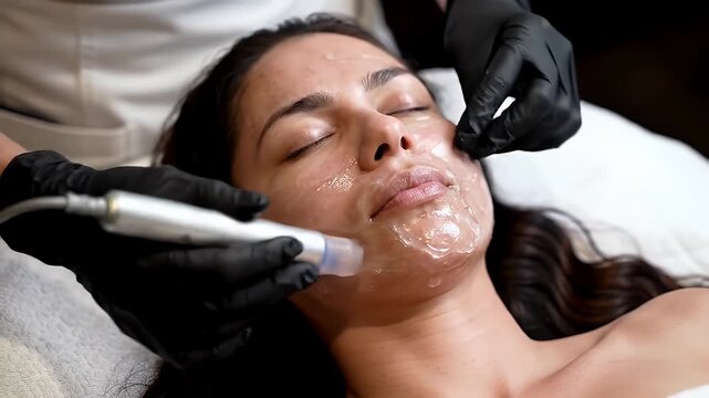 Woman Relaxing During Hydrafacial Treatment in Beauty Salon Spa with White Towel Underneath Doctor Treating her Skin in Cosmetic Clinic for Advertising Campaign 199 Characters