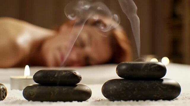 Woman Relaxing on Massage Table with Warm Stones and Candlelight for Wellness and Self-Care in Soft Lighting Beauty Spa Treatment Promotion Campaign and Healthcare Ads
