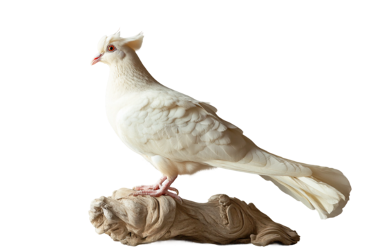 Profile of elegant white Jacobin pigeon standing isolated on transparent background