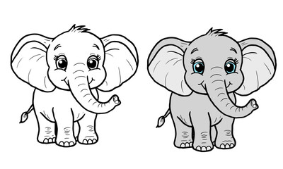 Funny baby elephant with big ears, trunk and cute eyes, simple black-and-white and color sketch. Vector illustration. Concept of a coloring book for children, drawing is isolated on a white background