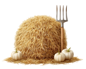 Haystack pitchfork straw farm tool autumn harvest white pumpkin rural agriculture seasonal decoration create rustic and cozy farm scene with natural elements