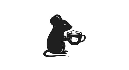 Cute mouse silhouette holding a mug of hot chocolate with marshmallows.