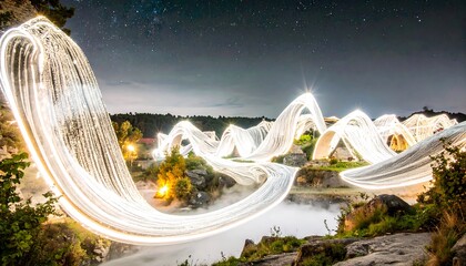 Light trails curve through a night landscape