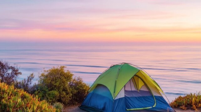 A vibrant, colorful tent stands on a coastal bluff overlooking the serene ocean at sunset.