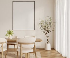 Bright dining room with wooden table, modern chairs, indoor plant and vertical frame mockup on wall