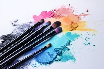 Fototapeta premium Professional makeup brushes resting on vibrant eyeshadow powder, creating a colorful display against a clean white background