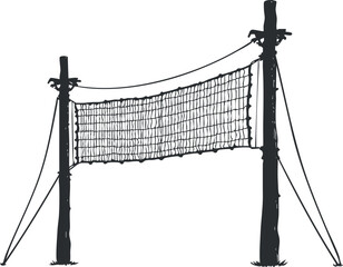 Black and white sketch of a volleyball net with two poles and supporting ropes for outdoor sports activities