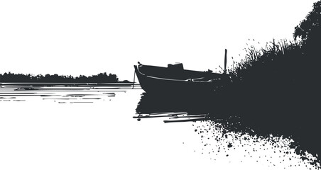 Fototapeta premium Black and white silhouette of a boat moored near grassy shore on a calm lake or river with water reflection