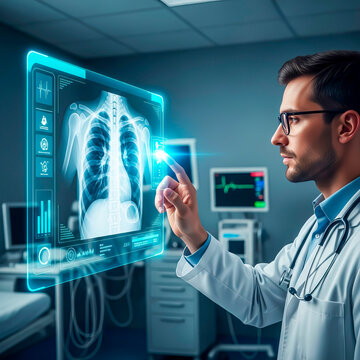 Online X-ray: Doctor analyzes image on digital panel