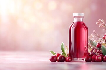 Glass bottle full of cranberry juice with fresh cranberries and leaves on pink background, creating a vibrant and refreshing image