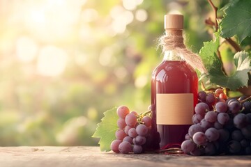 Fototapeta premium Bottle of artisanal wine with blank label and fresh grapes on a wooden table in a sunlit vineyard, celebrating the art of winemaking