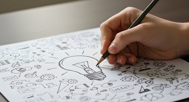 Creative hand sketching dynamic business ideas and lightbulb innovation with pencil on white paper