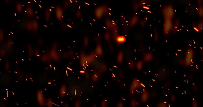 Realistic surreal ember fire dust slowly rising up with smoke in black. Grunge dark fire sparks flying isolated. Overlay spark tiny flake burning animation. Hell rising burst inferno. Fire burst dust.