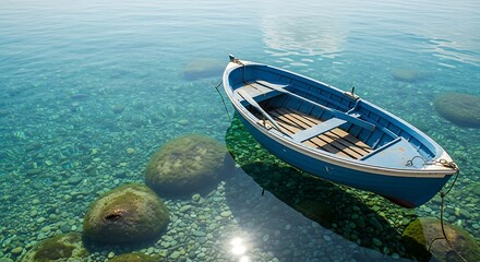 Obraz premium Tranquil Blue Boat in Crystal-Clear Shallow Water