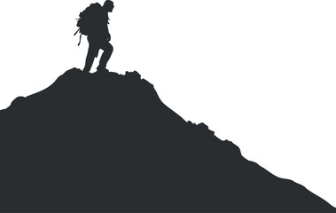 Naklejka premium Silhouette of a hiker standing on top of a mountain peak with a backpack against a white background