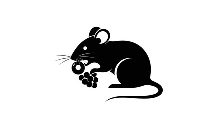 Black silhouette of a small mouse holding grapes and a ring.