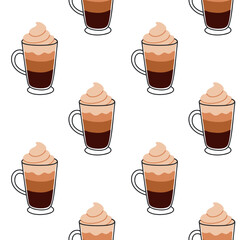 Seamless vector pattern with iced coffee drinks topped with whipped cream, designed for packaging, wallpaper and textile prints