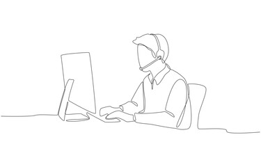 Obraz na płótnie Canvas Continuous one line drawing of professional support agent working at desk with computer and headset, symbolizing communication and customer service, single line art.