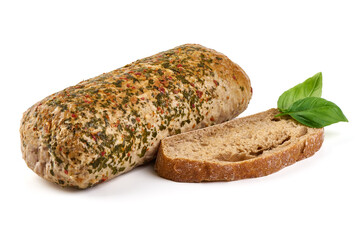 Baked meatloaf, minced meat roll, isolated on white background.