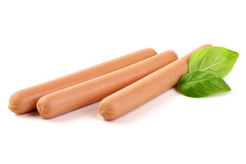 Boiled sausages with fresh basil leaves, isolated on white background.
