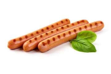 Grilled sausages with basil leaves, isolated on white background.